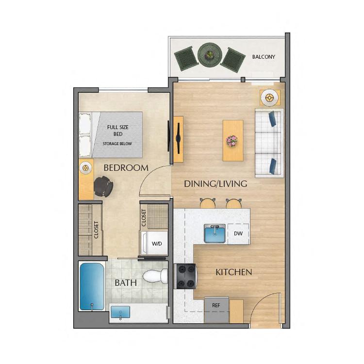 Floor plan for 1 bed, 1 bath, 498 sqft